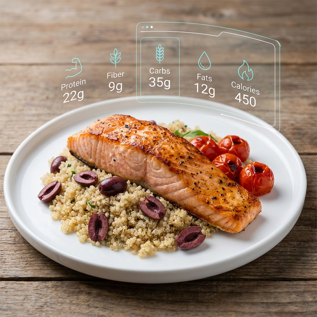Illustrative meal photo with estimated nutrient overlay